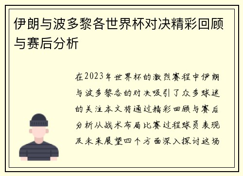 伊朗与波多黎各世界杯对决精彩回顾与赛后分析