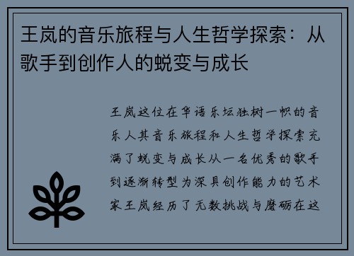 王岚的音乐旅程与人生哲学探索：从歌手到创作人的蜕变与成长